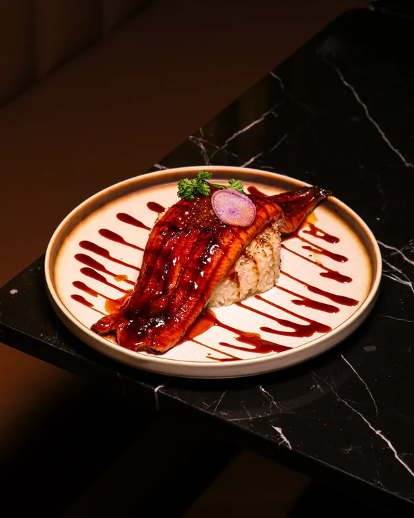 Grilled eel glazed in its sauce over rice, on a plate striped with sauce