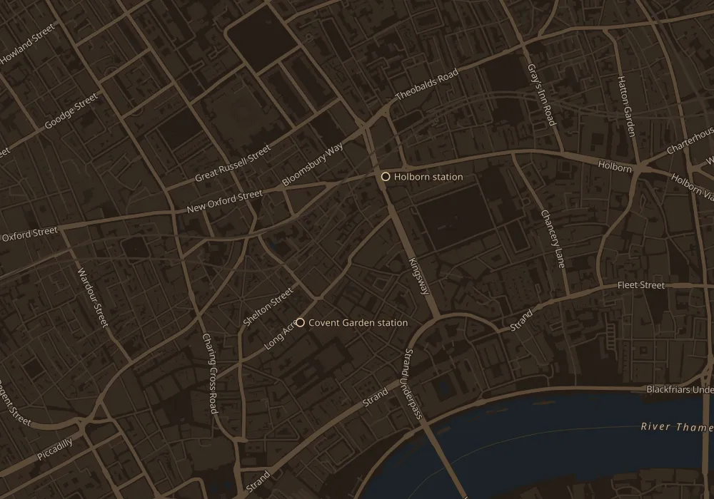 Street map with Akatuki on Great Queen Street, between Covent Garden and Holborn stations